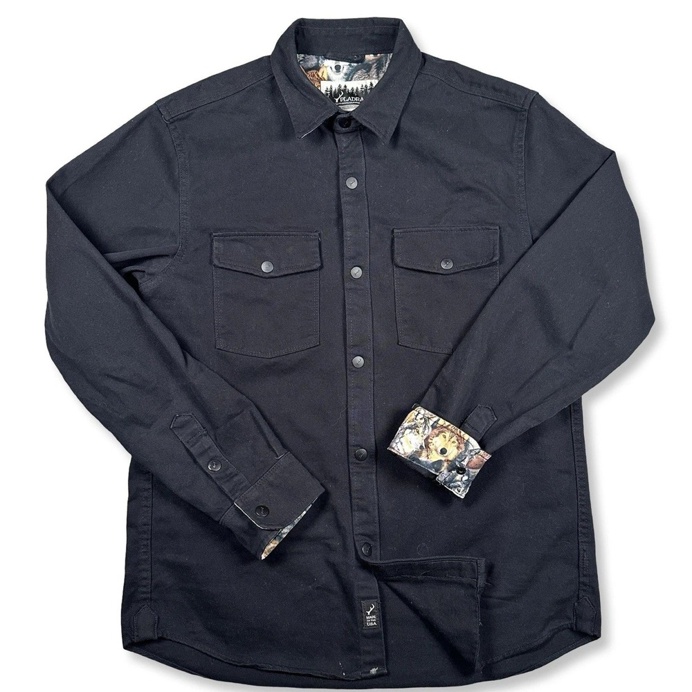 Pladra Shacket Shirt Jacket Men Large Black Denim Wolf Lining USA Wildlife Ranch